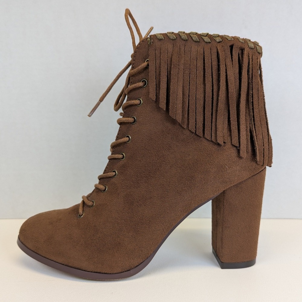 Cato Women's Brown Fringe Lace Up Ankle Booties Western Block Heel Faux Suede